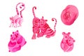 Watercolor set pink tiger, lemur, panda, koala for Valentine `s Day