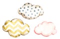 Watercolor set with pink yellow, blue polka dot watercolor clouds for decorative design. Isolated texture. Watercolour