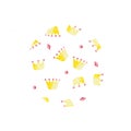 Watercolor set with pink and yellow crowns on white background. Ideal for cards and invitations.