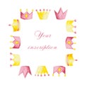 Watercolor set with pink and yellow crowns on white background.