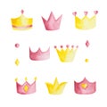 Watercolor set with pink and yellow crowns on white background.