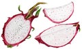 Watercolor set of pitahaya. Exotic dragon fruit half sliced with seeds on an isolated white background. Hand painted Royalty Free Stock Photo