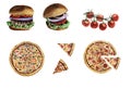 Watercolor set pizza, burgers, cherry tomatoes on a branch