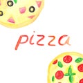 Watercolor set with pizza, pizza slices, pizza inscription