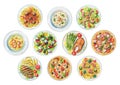 Watercolor set with plates with ten ready meals