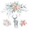 Watercolor set with Poinsettia Bouquet and Deer Royalty Free Stock Photo