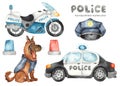 Watercolor set with police car, motorcycle, dog and flashing lights