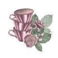 Watercolor set of porcelain pink cups and pink roses with greenery in vintage style, isolate on a white background