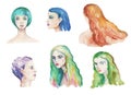 Watercolor set with watercolor portraits of women with green, blue and ginger hairs.