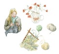 A watercolor set with a pretty knitting girl. Collection - wool, knitting needles, a vase with flowers. Hand-drawn