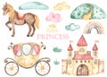 Watercolor set with princess castle, carriage, horse, hill, clouds, rainbow