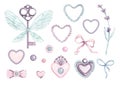 Watercolor set of Provence. wings key, brooch, Lavender, heart, pendant, precious stones, button, pearls, bow, ribbon