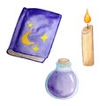 Watercolor set purple magic book potion and candle