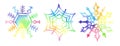 Watercolor set of rainbow snowflakes. Winter illustration snow shimmers in the sun