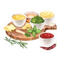 Watercolor set of sauces - ketchup, mayonnaise, cheese sauce, pesto and oil on wooden board. Hand-drawn illustration