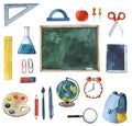 Watercolor set with school items. Back to school!