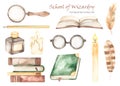 Watercolor set School of Magic with books, pen, inkwell, magnifying glass, glasses, candle, pencil