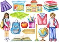 Watercolor set with school subjects Royalty Free Stock Photo