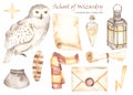 Watercolor set School of Wizardry with owl, scarf, letter, scroll, potion, lantern, inkwell