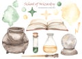 Watercolor set School of Wizardry with potion, cauldron, book of magic, magic wand, elixirs, crystal ball Royalty Free Stock Photo