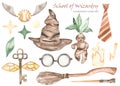 Watercolor set School of Wizardry with talking hat, snitch, tie, mandrake, broom, candle, key, glasses