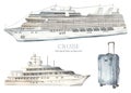 Watercolor set of sea cruise with cruise ship, yacht, travel suitcase Royalty Free Stock Photo