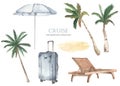 Watercolor set of sea cruise with travel suitcase, beach lounger, palm trees, beach umbrella