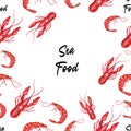 Watercolor set with sea food. Shrimp and crayfish.