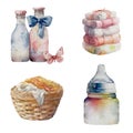 Watercolor set of several baby care accessory, isolated on the white background. Royalty Free Stock Photo