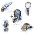 Watercolor set with Sherlock Holmes objects