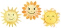 Watercolor set of smiling yellow suns. Cartoon style illustration Royalty Free Stock Photo