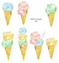 Watercolor set of sot ice cream in waffle cone. Summer colorfull dessert