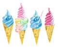 Watercolor set of sot ice cream in waffle cone. Summer yammy dessert