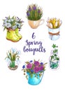 Watercolor set of spring bouquets in original vases.