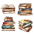 Watercolor Set with stack of read books with a pen Royalty Free Stock Photo