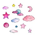 Watercolor set with stars, moon and clouds
