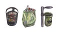 Watercolor set of: street urn with a bag, a full bag of garbage Royalty Free Stock Photo