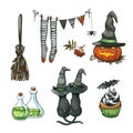 Watercolor set of striped witches stockings hanging on garland string, two black cats in hats, broom, cupcake with bat decoration