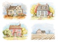 Watercolor set with summer landscape and country house, lawn and trees Royalty Free Stock Photo