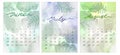 Watercolor Set Summer month Calendar template for 2022 year. June, July and August. Week Starts Sunday. Green, violet