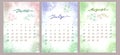 Watercolor Set Summer month Calendar template for 2022 year. June, July and August. Week Starts Sunday. Green, violet
