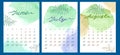 Watercolor Set Summer month Calendar template for 2022 year. June, July and August. Week Starts Sunday. Green, violet