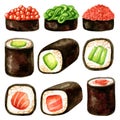 Watercolor set of sushi hosomaki rolls and gunkans Royalty Free Stock Photo