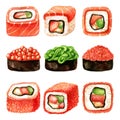 Watercolor set of sushi uramaki rolls and gunkans