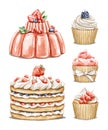 Watercolor set of sweet dessert, cupcakes, cake and jelly