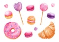 Watercolor set with sweets - donut lollipops macaroons profiterole croissant