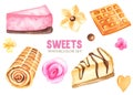 Watercolor set of sweets. Donuts, cheesecakes, cakes, sweets, muffins, chocolate. Royalty Free Stock Photo