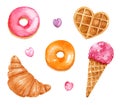 Watercolor set with sweets - donuts croissant ice cream cone waffle candy