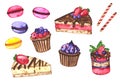 Watercolor set of tasty desserts