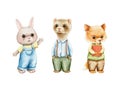 Watercolor set with three animal friends in clothes fox, rabbit and ferret